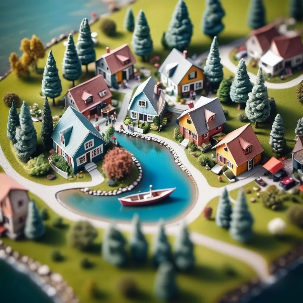 Prompt: aerial view, tilt-shift, isometric miniature world, detailed landscape world render with tiny houses and boats, mountains with lakes and people cleaning up their front gardens