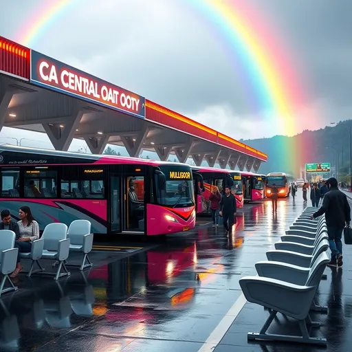 Prompt: Create an image of a futuristic, AI-powered bus stand in Ooty, titled 'CENTRAL OOTY BUS STAND' displayed prominently on a top banner with neon lights and colorful coverings. The architecture is modern and expansive, showcasing vibrant, high-tech elements. Various buses are parked in the waiting bays, including a sleek, modern bus named 'MULLIGOOR' in pink, red, and black colors. The scene is bustling with activity as passengers sit on modern waiting chairs, walk around, or smile. It's a rainy afternoon, with reflections of lights shimmering on the wet ground, and a vivid rainbow arches above the bus stand, adding a touch of natural beauty. The atmosphere blends advanced technology and lively human interaction."
