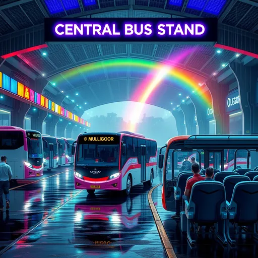 Prompt: Create an image of a futuristic, AI-powered bus stand in Ooty, titled 'CENTRAL OOTY BUS STAND' displayed prominently on a top banner with neon lights and colorful coverings. The architecture is modern and expansive, showcasing vibrant, high-tech elements. Various buses are parked in the waiting bays, including a sleek, modern bus named 'MULLIGOOR' in pink, red, and black colors. The scene is bustling with activity as passengers sit on modern waiting chairs, walk around, or smile. It's a rainy afternoon, with reflections of lights shimmering on the wet ground, and a vivid rainbow arches above the bus stand, adding a touch of natural beauty. The atmosphere blends advanced technology and lively human interaction."
