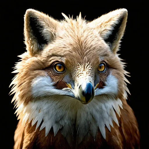 Prompt: A hybrid between a fox and eagle, with fur made of long feathers, with a beak-like muzzle