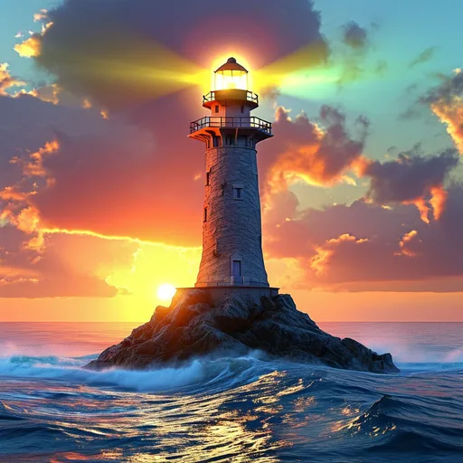 Prompt: (captivating digital render image), majestic lighthouse, (radiant torch) illuminating the top, intricate geometric patterns, inspired by African art, (symbolizing enlightenment and guidance), themes of cultural heritage and unity, vibrant colors, high depth, strong contrasts, harmonious design elements, tranquil ocean setting, the sun setting in the background, (HD), enchanting atmosphere.