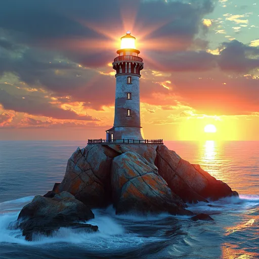 Prompt: (captivating digital render image), majestic lighthouse, (radiant torch) illuminating the top, intricate geometric patterns, inspired by African art, (symbolizing enlightenment and guidance), themes of cultural heritage and unity, vibrant colors, high depth, strong contrasts, harmonious design elements, tranquil ocean setting, the sun setting in the background, (HD), enchanting atmosphere.