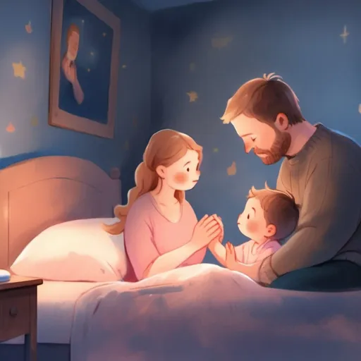 Prompt: Niklaus praying before bed with mom and dad

