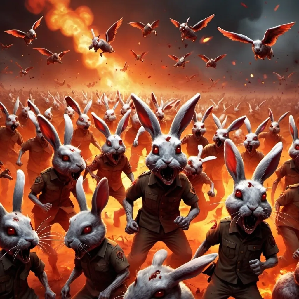 Prompt: Army of zombie rabbits charging, explosions, winged zombie rabbits flying, intense and chaotic, high-def, detailed zombies, explosive background, dark fantasy, intense red and orange tones, fiery lighting, 2-eared zombies, chaotic battlefield