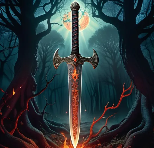 Prompt: (1970s dark fantasy book cover), legendary fire demon sword, (floating) with runic symbols, ethereal forest, (blood trees), moonlight beams filtering through tall branches, (vibrant and dramatic colors), high detail, mystical ambiance, enchanting atmosphere, magical glow on the sword, intricately detailed foliage, captivating shadows, (HD) quality, surreal and ethereal feel. Vintage 