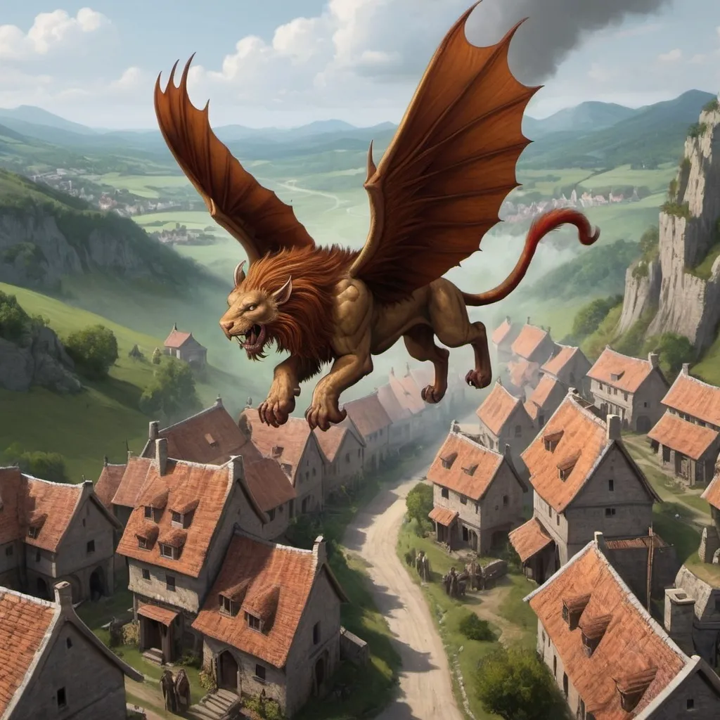 Prompt: Manticore fly over  village 