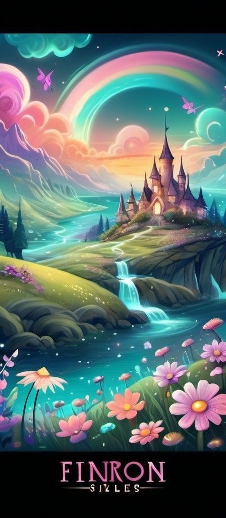 Prompt: Create a whimsical and colorful digital artwork featuring a dreamy landscape. Include a glowing sunset sky with swirling pastel colors, vibrant flowers with intricate patterns, and playful, fantastical creatures like fairies or mythical animals. The scene should feel enchanting and imaginative, with a sense of movement and magic, capturing the beauty of nature in a surreal style."