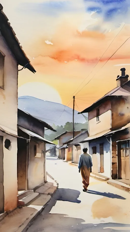 Prompt: Water colour, an empty street on a hill station with closed shop room on both sides , sun setting in the east and a man walking to North in Village outfit and a bag.