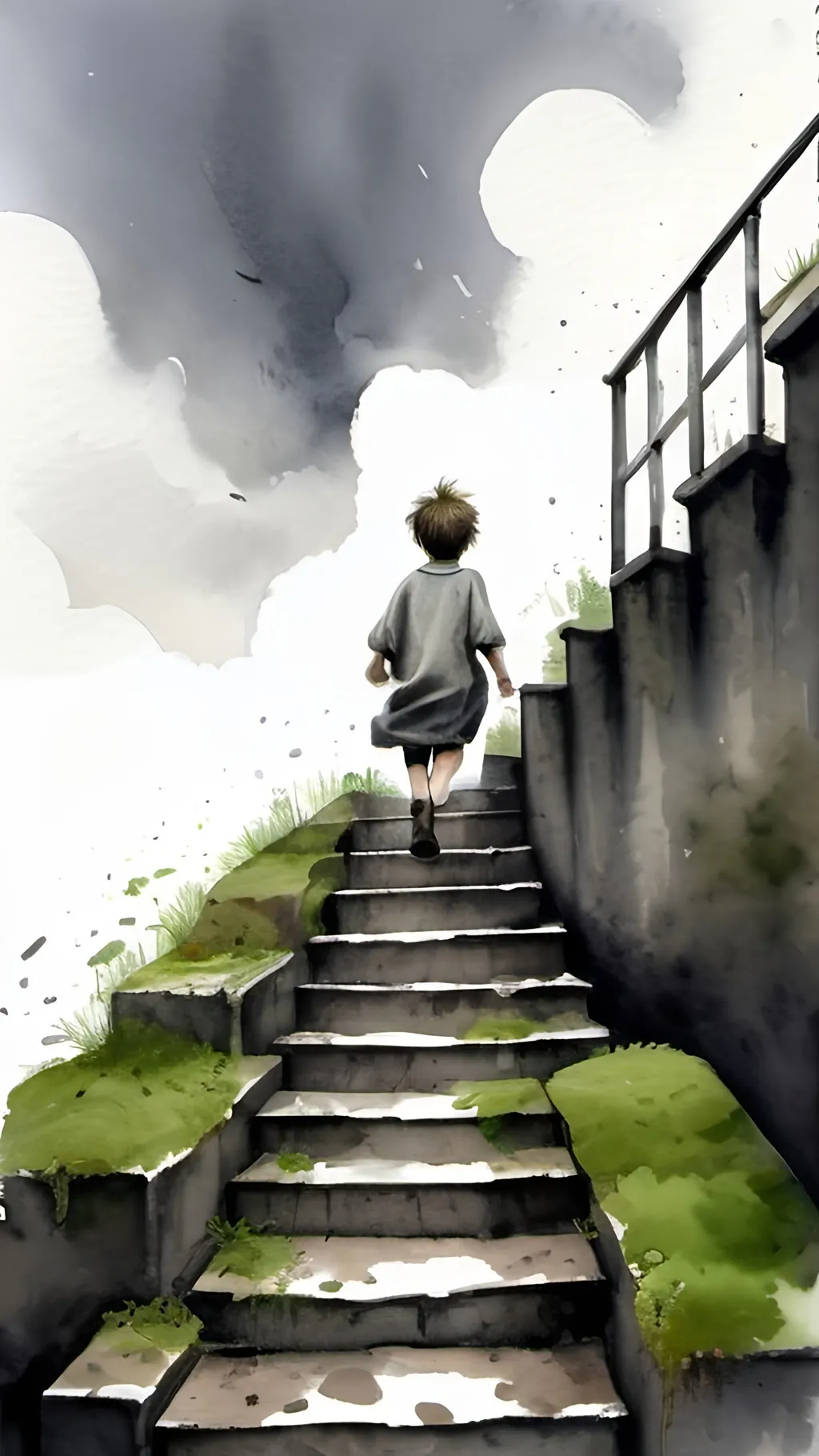 Prompt: Water colour, a wide flight of long stairs with mud walls on both sides and a lot of creepers. Empty stairs, grey sky, rainy day one boy floating in air at the bottom of the stairs facing forward. Boy is wearing a normal dress. Staircase has mosses on it. Windy atmosphere.