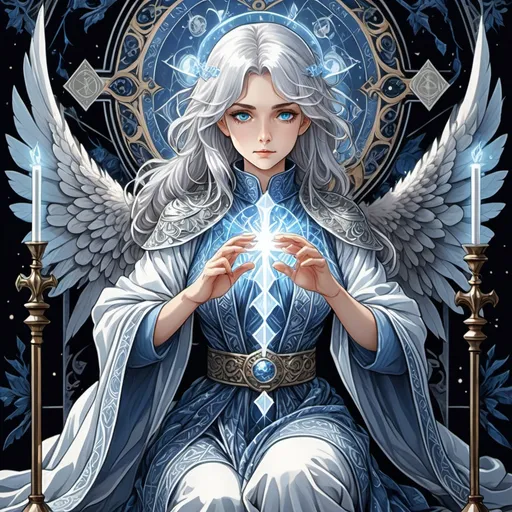 Prompt: tarot card Anime illustration, a silver-haired woman, detailed ornate cloth robe, dramatic lighting, ice
 angel kneeling, blue eyes, wings of light, blue modest clothing, cross stitch pattern