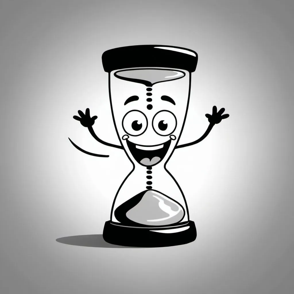 Prompt: happy cartoon sandtimer with 30 seconds on it black and white