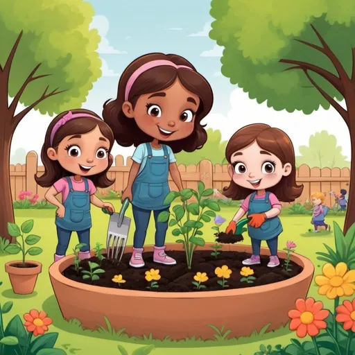 Prompt: cartoon girl with friends planting a 
garden