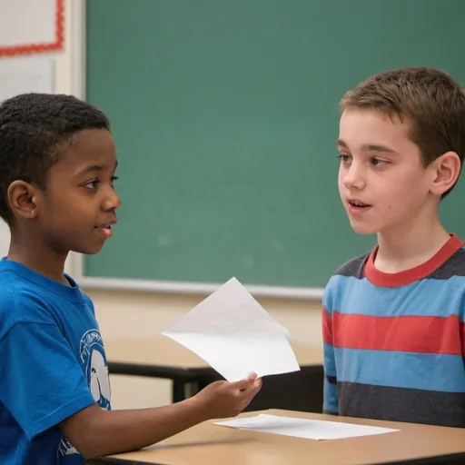 Prompt: 2 young students talking about a piece of paper
