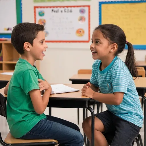 Prompt: 2 kids talking in a classroom

