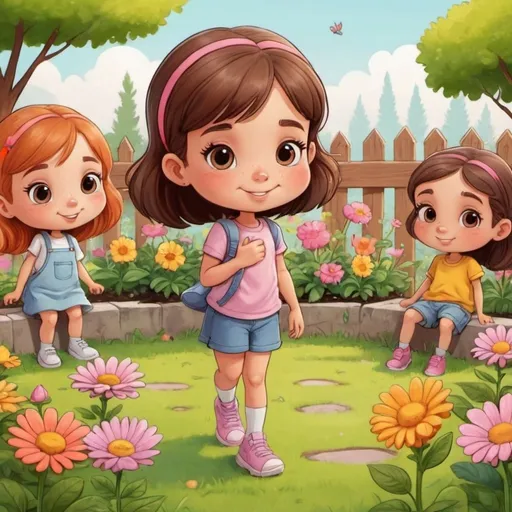 Prompt: cartoon girl with friends at a garden