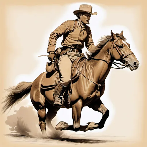 Prompt: drawing of pony express rider with saddle bag on running horse