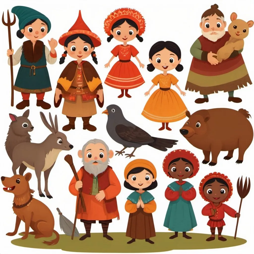 Prompt: a clipart cartoon image of folktale characters