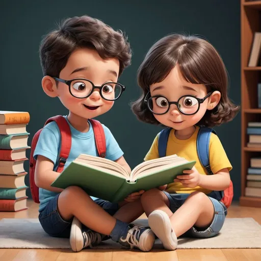 Prompt: 2 cartoon children reading 1 book each  next to each other

