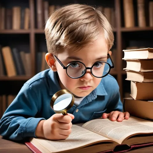 Prompt: magnifying glass detective kid looking for clue in a book


