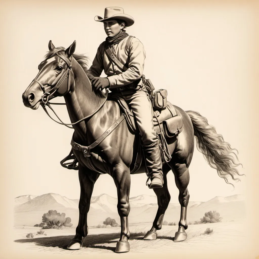 Prompt: drawing of pony express rider with saddle bag