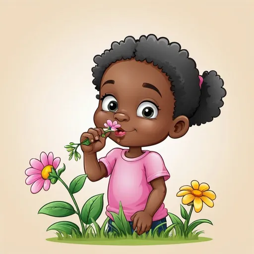 Prompt:  clipart cartoon black child smelling flower

