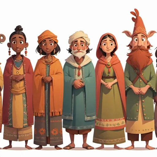 Prompt: cartoon folktale characters standing in a row