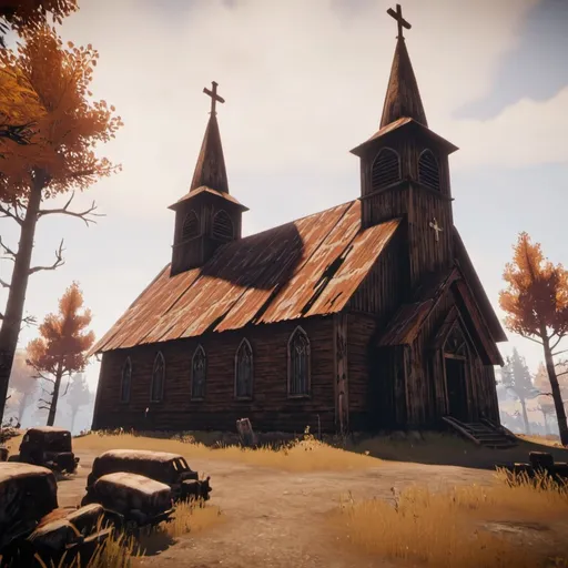 Prompt: A church with crosses on the roof in the game Rust