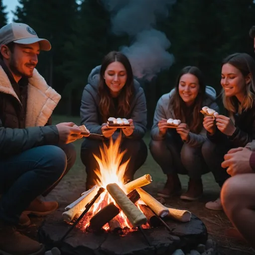 Prompt: Group of people around a campfire making s’mores, warm lighting, Canon EOS R, 35mm lens, cozy atmosphere.