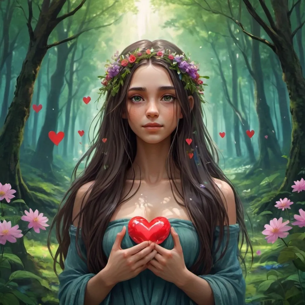 Prompt: A beautiful long hair girl, avatar style I bathe middle of a Forrest filled with flowers holding a heart and looking forward to papersby 