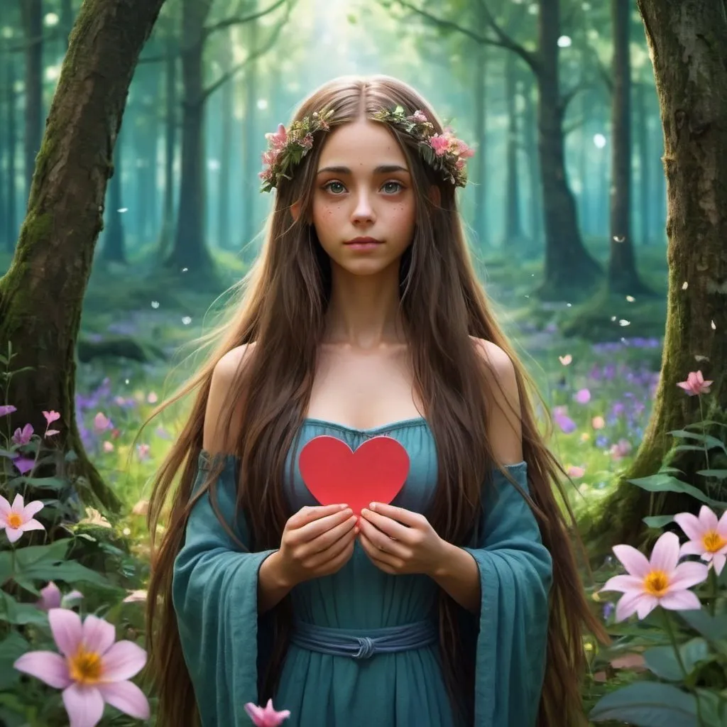 Prompt: A beautiful long hair girl, avatar style I bathe middle of a Forrest filled with flowers holding a heart and looking forward to papersby 