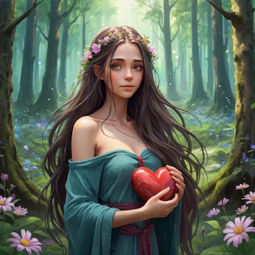 Prompt: A beautiful long hair girl, avatar style I bathe middle of a Forrest filled with flowers holding a heart and looking forward to passersby 