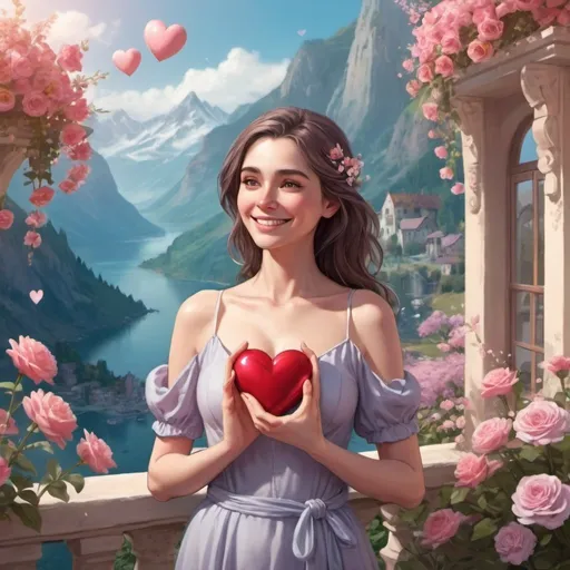 Prompt: A woman in a beautiful place looking outward with flowers all around, holding a heart in her hand and smiling in a avatar style and you can see her entire body