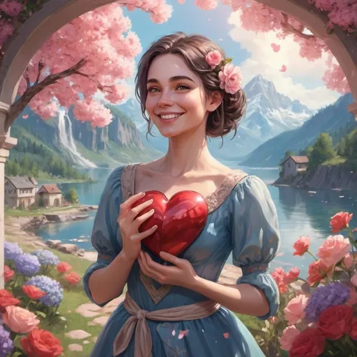 Prompt: A woman in a beautiful place looking outward with flowers all around, holding a heart in her hand and smiling in a avatar style and you can see her entire body