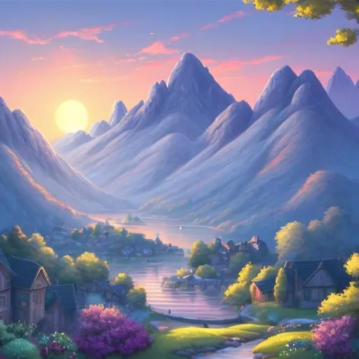 Prompt: Picture a calm and picturesque morning in a cartoonish world. The backdrop is dominated by a range of majestic, misty mountains. The mountains, drawn in soft and soothing shades of blue and gray, create a sense of awe and tranquility.

The dawn sky is painted with gentle pastels. The sun is just beginning to rise, casting a warm, orange glow over the landscape. The clouds in the sky are depicted with soft, fluffy contours as if painted with watercolors. They create a dreamy, misty atmosphere.

In the foreground, there's a serene valley, covered in a carpet of lush, cartoonish green grass and wildflowers. A calm, meandering river winds its way through the valley, its waters reflecting the soft colors of the sky. The riverbanks are adorned with playful cartoonish wildlife, including birds perched on the branches of whimsical trees.

You can imagine a quaint, cartoonish village nestled at the foot of the mountains. The village is made up of charming, round huts with thatched roofs, exuding a sense of simplicity and harmony with nature.

As the sun continues to rise, the mountains appear to grow more defined and majestic, casting long shadows over the tranquil landscape. The misty shroud that once enveloped the peaks starts to dissipate, revealing their grandeur.

This scene combines the serene beauty of a misty dawn with the tranquil charm of a cartoonish world, inviting you to take a moment to appreciate the wonders of nature and find inner peace.




