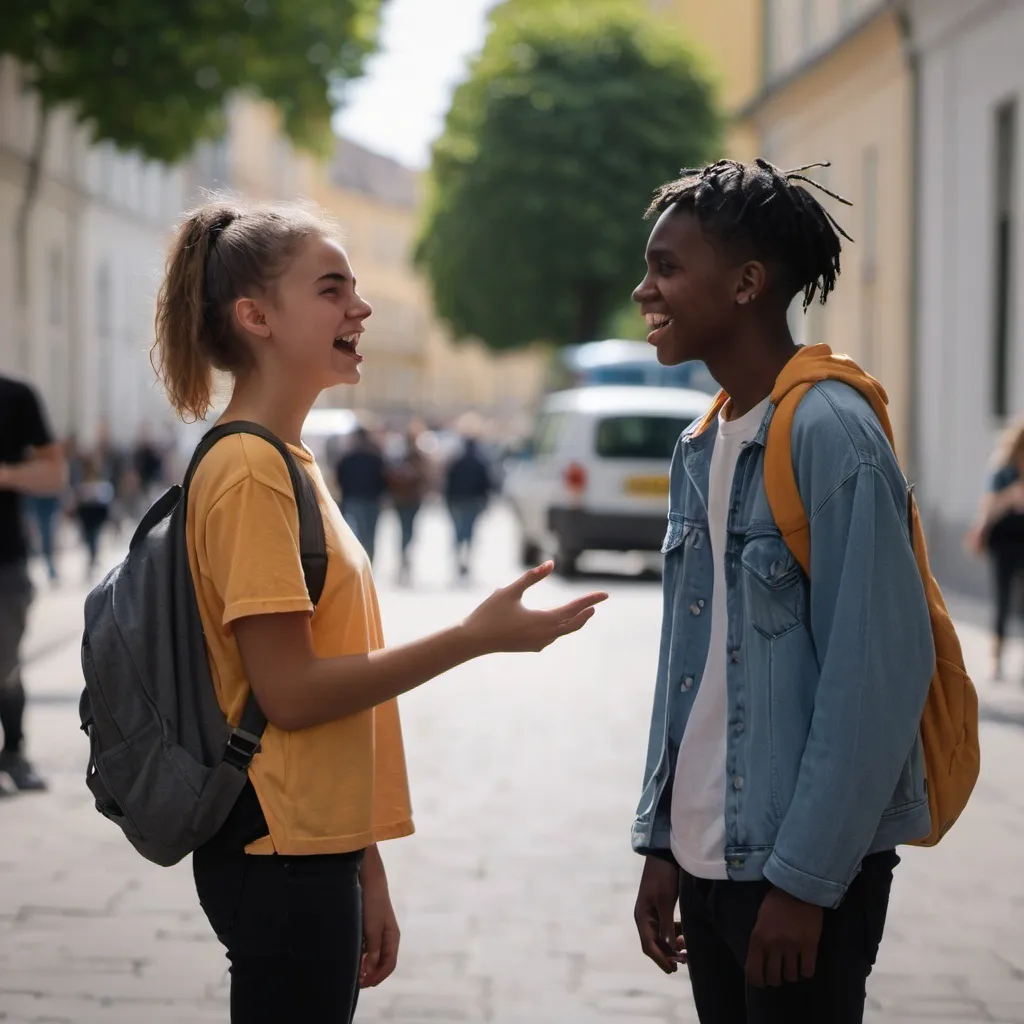 Prompt: Two young people are talking in the street