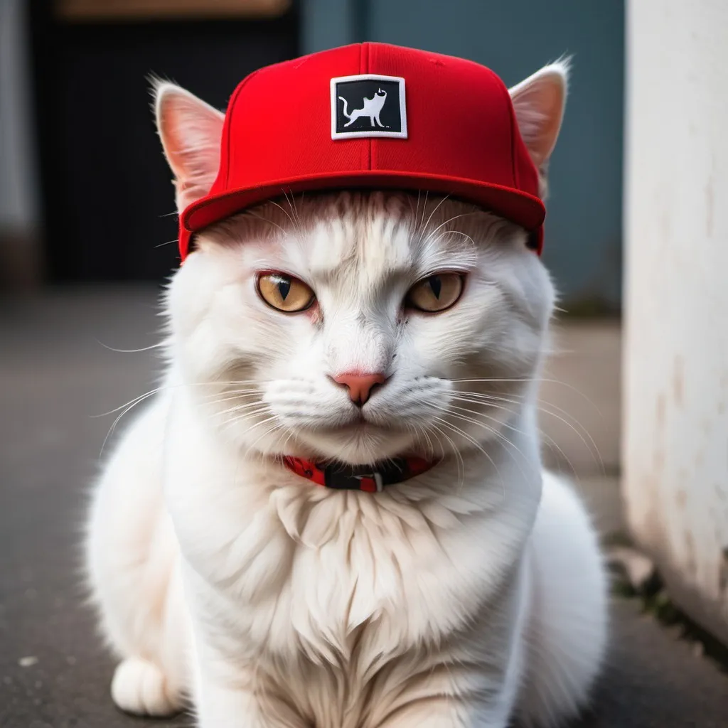 Prompt: a cat with red snapback