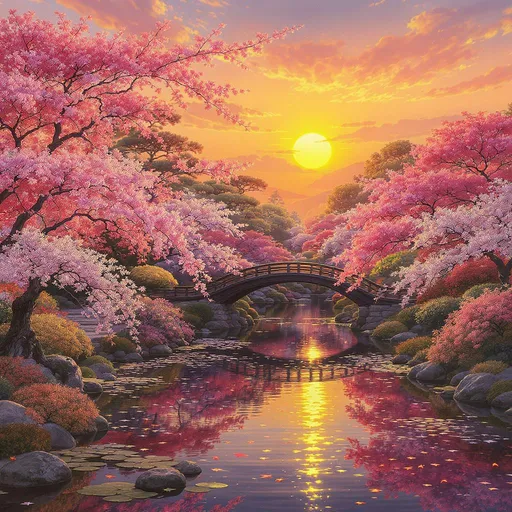 Prompt: A serene Japanese gardens at sunset, with cherry blossoms floating on a koi pond, painted in the style of Studio Ghibli