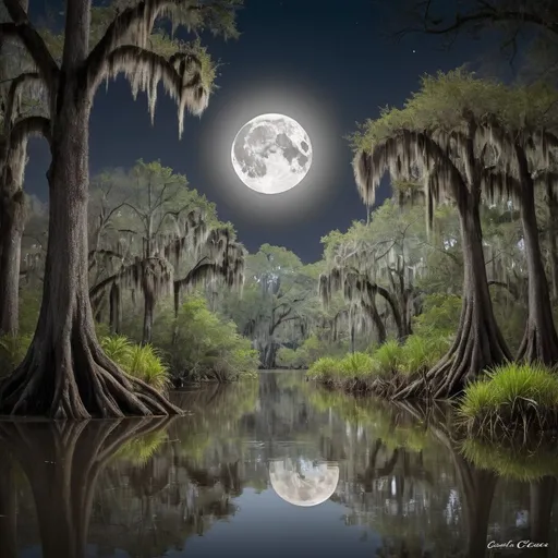 Prompt: Imagine a serene scene in the Louisiana bayou under the light of a full moon. The bayou, with its slow-moving waters, is surrounded by dense cypress trees draped with Spanish moss. The moon casts a silver glow over the water, illuminating the reflections of the trees and creating a mystical atmosphere. Cajun music might be heard faintly in the distance, adding to the ambiance of the Bayou Moon.