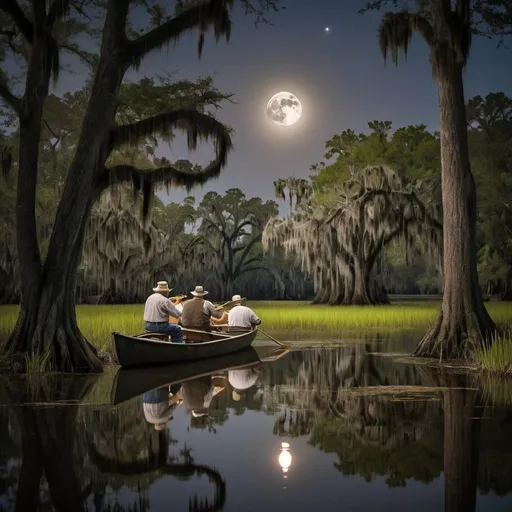 Prompt: Imagine a serene scene in the Louisiana bayou under the light of a full moon. The bayou, with its slow-moving waters, is surrounded by dense cypress trees draped with Spanish moss. The moon casts a silver glow over the water, illuminating the reflections of the trees and creating a mystical atmosphere. Perhaps there's a small abandoned wooden boat peeking out from behind the trees loaded with drums, guitars, Trumpet and sax with an old man rowing it, adding to the sense of mystery and intrigue. Cajun music might be heard faintly in the distance, adding to the ambiance of the Bayou Moon.