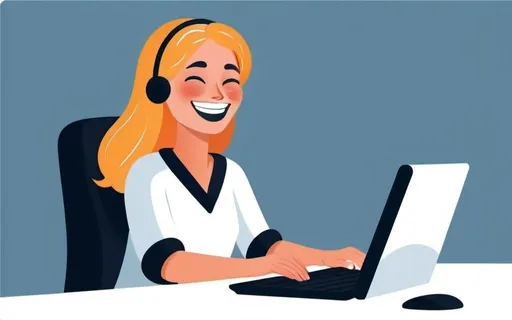 Prompt: a person that seat behaind the computer and smiling