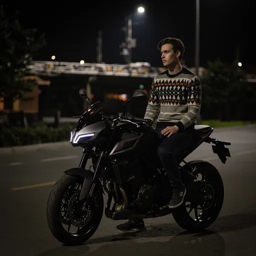 Prompt: Under the glow of streetlights on a night scene, a young man confidently poses on a sleek, modern motorcycle, highlighting its gleaming surfaces and striking LED headlights. He wears a stylish, patterned sweater and gazes thoughtfully into the distance, embodying a sense of adventure and coolness. The bridge in the background, partially illuminated, adds an industrial touch to the urban setting, while the soft focus of the lights creates a dynamic contrast with the sharp details of the bike and rider. The overall atmosphere is moody and introspective, evoking a feeling of freedom and exploration on a quiet night ride.