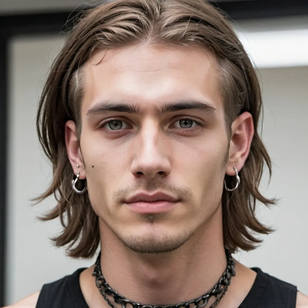 Prompt: man with collar bone length hair, piercings, and sharp jaw
