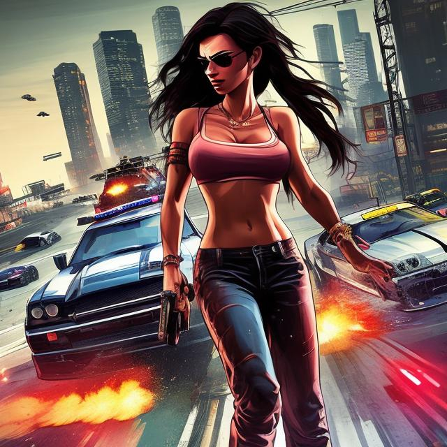 Prompt: Create a captivating and dynamic openart.ai cover art featuring a sizzling hot female character in the foreground, surrounded by the adrenaline-pumping elements of Grand Theft Auto V - an array of sleek cars, a relentless police chase, a roaring motorcycle, and a hovering helicopter. Capture the essence of the action-packed chaos and urban excitement that defines the iconic GTA V experience. Let your creativity shine as you blend the allure of the female protagonist with the thrilling elements of the game's high-speed pursuits. The cover art should not only showcase the intensity of the virtual world but also reflect the fusion of beauty and danger in the streets of Los Santos.