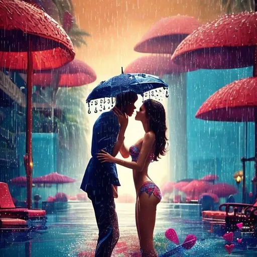 Prompt: Craft an enchanting openart.ai cover art that encapsulates the romantic and passionate atmosphere of 'Being a DIK.' Feature a stunningly attractive female character amidst a poolside setting adorned with colorful umbrellas.   Infuse the scene with the sensory delight of raindrops cascading, symbolizing the tender moments of love.  Captivate the audience by incorporating love kisses between characters, expressing the emotional depth of the narrative. 