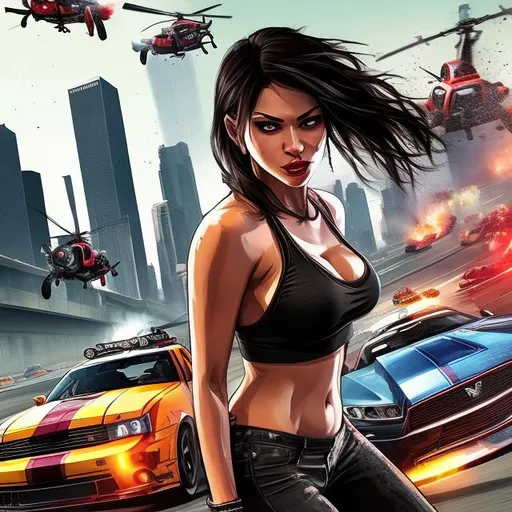 Prompt: Create a captivating and dynamic openart.ai cover art featuring a sizzling hot female character in the foreground, surrounded by the adrenaline-pumping elements of Grand Theft Auto V - an array of sleek cars, a relentless police chase, a roaring motorcycle, and a hovering helicopter. Capture the essence of the action-packed chaos and urban excitement that defines the iconic GTA V experience. Let your creativity shine as you blend the allure of the female protagonist with the thrilling elements of the game's high-speed pursuits. The cover art should not only showcase the intensity of the virtual world but also reflect the fusion of beauty and danger in the streets of Los Santos.