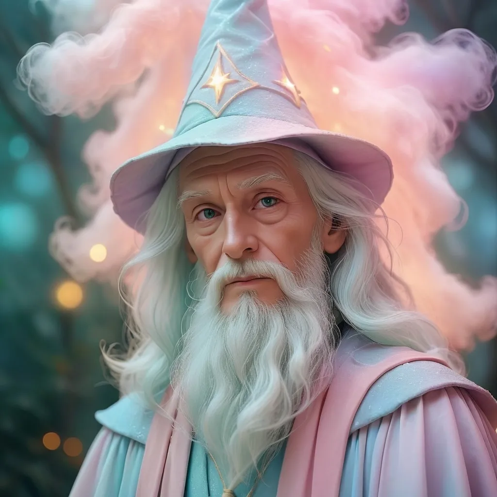 Prompt: Dreamy pastel portrait, wizard, ethereal atmosphere, soft focus