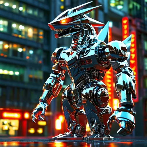 Prompt: Mecha Godzilla made completely out of chrome car parts, highly detailed digital rendering, (chrome finish) reflecting light realistically, intricate metal textures, dynamic pose, deep shadows and brilliant highlights, sleek and futuristic design, vibrant metallic colors, imposing and powerful atmosphere, urban industrial background with glowing city lights, high-tech machinery in the environment, ultra-detailed, 4K quality, cinematic lighting, trending on artstation.