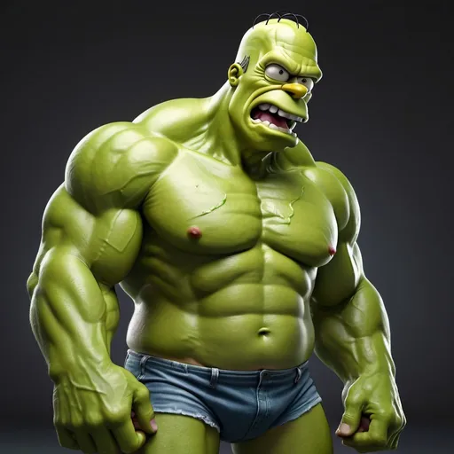 Prompt: Detailed digital illustration of Homer Simpson as the Hulk in real life, high quality, realistic cartoon fusion, vibrant green tones, intense and muscular physique, iconic donut in hand, powerful pose, comical expression, 3D rendering, detailed facial features, dynamic lighting, highres, ultra-detailed, cartoon, realistic fusion, intense green, muscular, donut, powerful pose, comical expression, 3D rendering, dynamic lighting