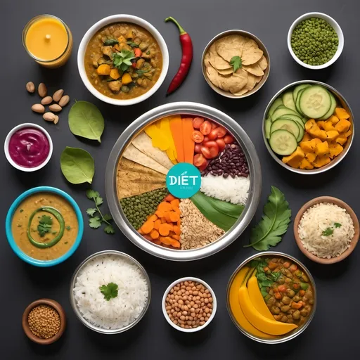 Prompt: Create a compelling hero image for a diet plan landing page that blends three elements:

Vibrant Food Image: Feature a colorful array of healthy Indian food options, including:

A traditional Indian thali with vegetables, lentils, roti, and rice.
Fresh fruits and smoothies arranged attractively.
Whole grains and legumes displayed in clear jars or bowls.
Assorted healthy snacks or meals illustrating variety and health benefits.
Sample Diet Plan: Overlay or include a section showing a sample diet plan for a day, broken down by meals (breakfast, lunch, dinner, snacks). This should be visually integrated into the design.

Impact of Diet Plan: Add an element that highlights the impact of the diet plan, such as a success story snippet, 'before and after' transformation photo, or a graphic with key benefits (e.g., 'Lost 5kg in 1 Month').

The image should be bright, inviting, and designed to capture attention, clearly showing the benefits and value of the diet plan while reflecting the essence of healthy and authentic Indian cuisine.