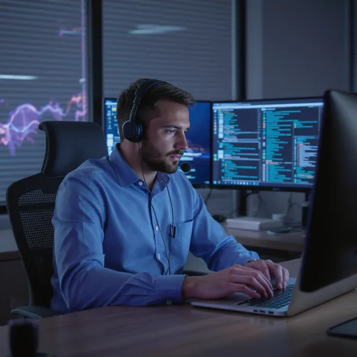 Prompt: Remote Support — Photorealistic
A professional IT support specialist with headset, sitting at a modern desk with laptop, glowing monitors in the background, realistic lighting, cinematic photorealistic style, 1920x1080.
